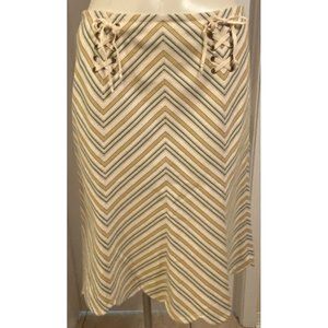 Elevenses Anthropologie White Green Yellow Chevron Skirt Scallop Hem Lace Up 6